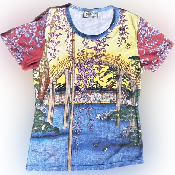 VINTAGE • 90s DEADSTOCK HIROSHIGE JAPANESE EDO TOKYO SHRINE PHOTO PRINT T-SHIRT - Picture 5 of 6